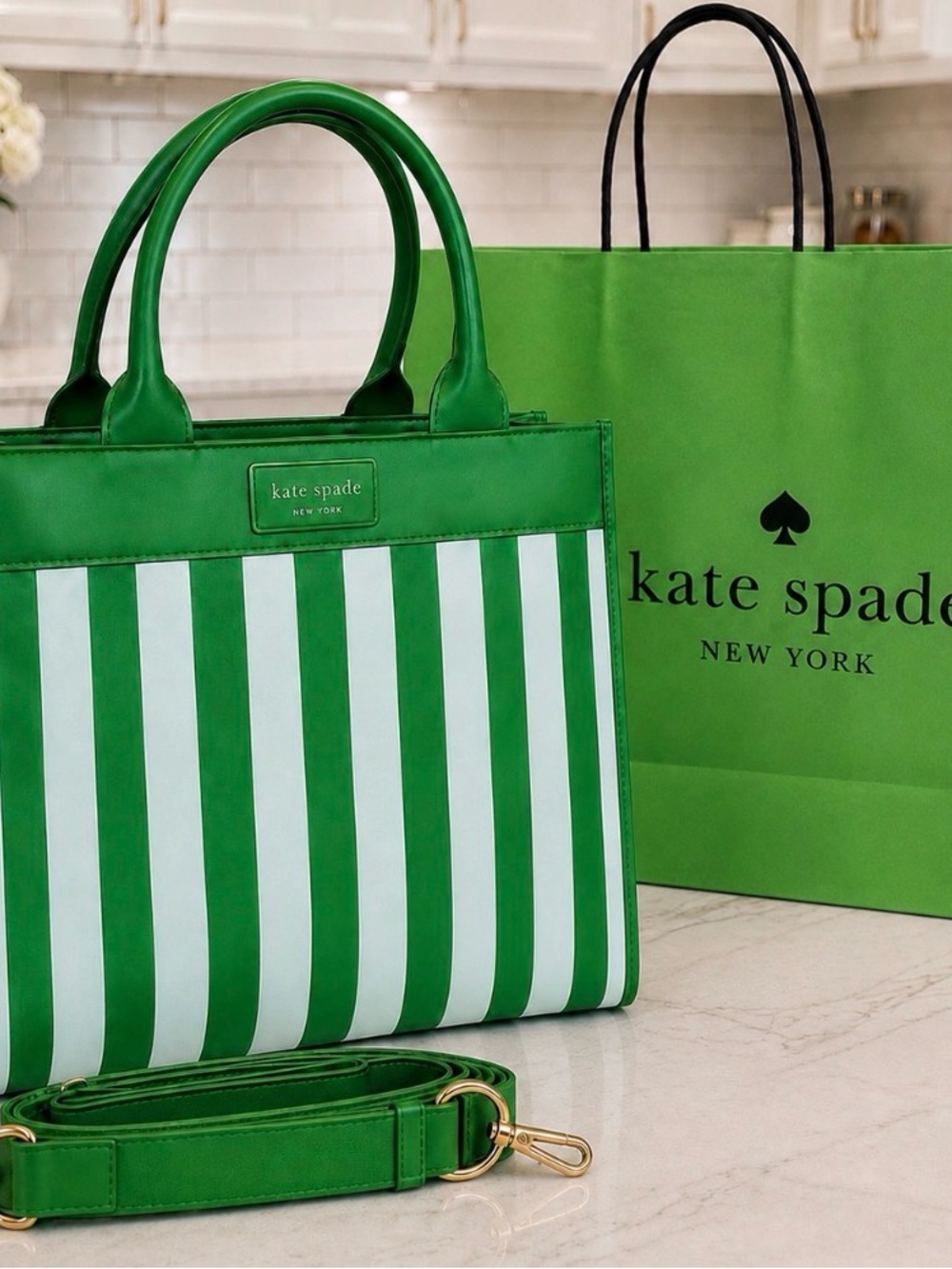 kate spade Green and White Striped Tote with Detachable Strap and green gift bag